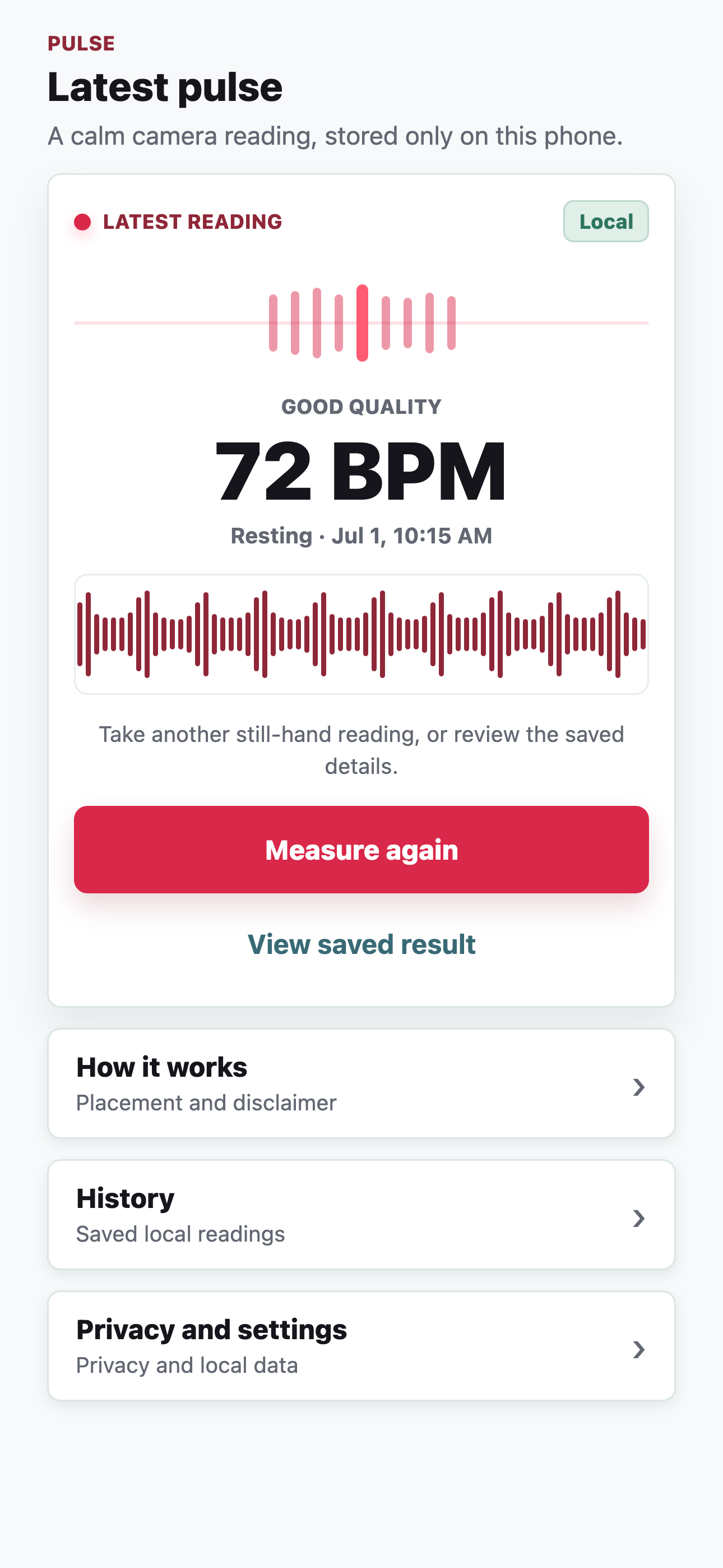 Pulse app screenshot showing a local pulse reading summary